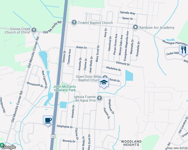 map of restaurants, bars, coffee shops, grocery stores, and more near 408 Jean Wells Drive in Goose Creek