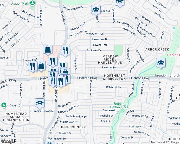 map of restaurants, bars, coffee shops, grocery stores, and more near 4207 Meadow Ridge Drive in Carrollton