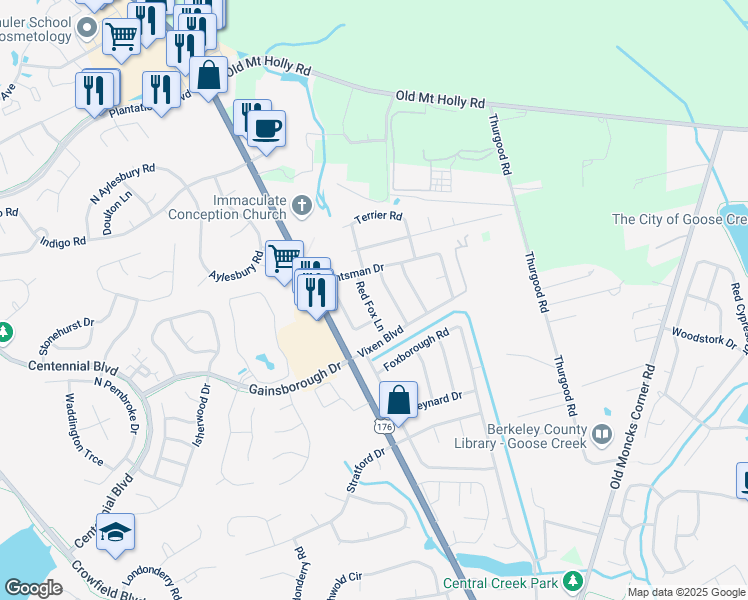 map of restaurants, bars, coffee shops, grocery stores, and more near 312 Red Fox Lane in Goose Creek