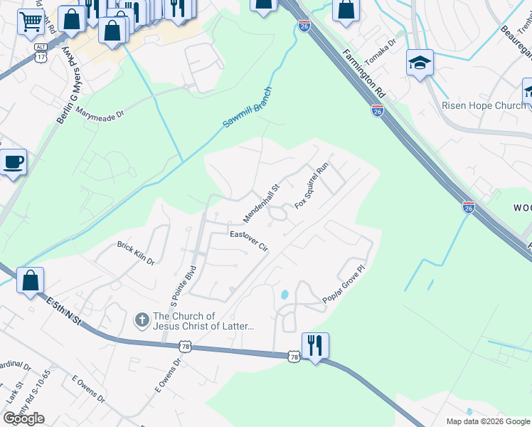 map of restaurants, bars, coffee shops, grocery stores, and more near 302 McDougal Circle in Summerville