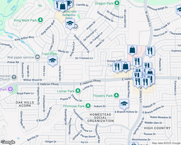 map of restaurants, bars, coffee shops, grocery stores, and more near 1600 Falconet Court in Carrollton