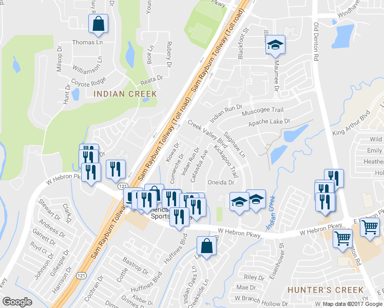 map of restaurants, bars, coffee shops, grocery stores, and more near 4269 Indian Run Drive in Carrollton