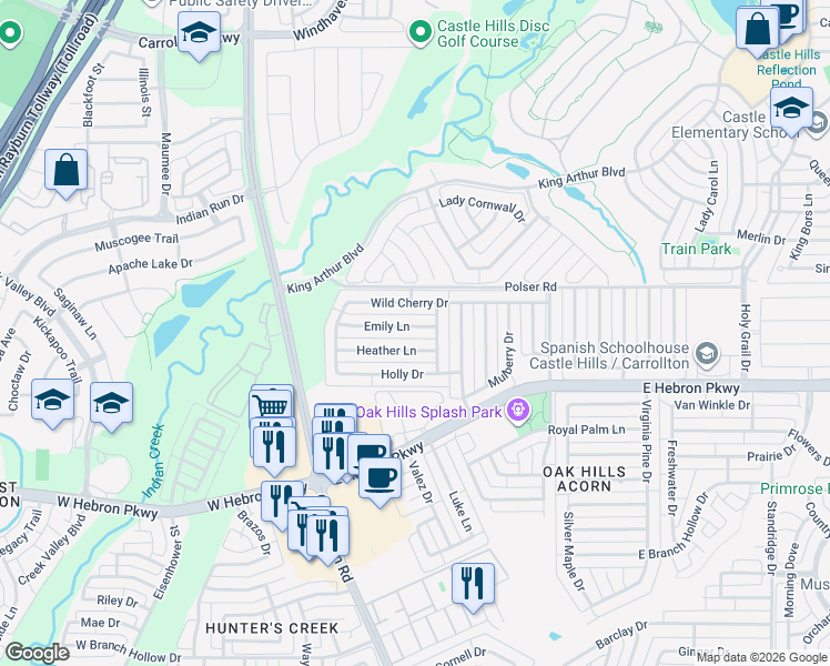 map of restaurants, bars, coffee shops, grocery stores, and more near 1134 Emily Lane in Carrollton