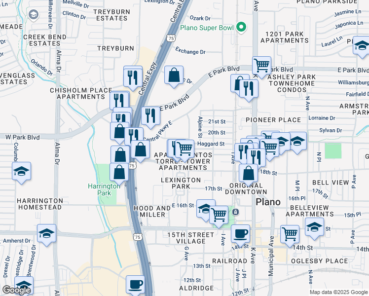 map of restaurants, bars, coffee shops, grocery stores, and more near 709 G Avenue in Plano
