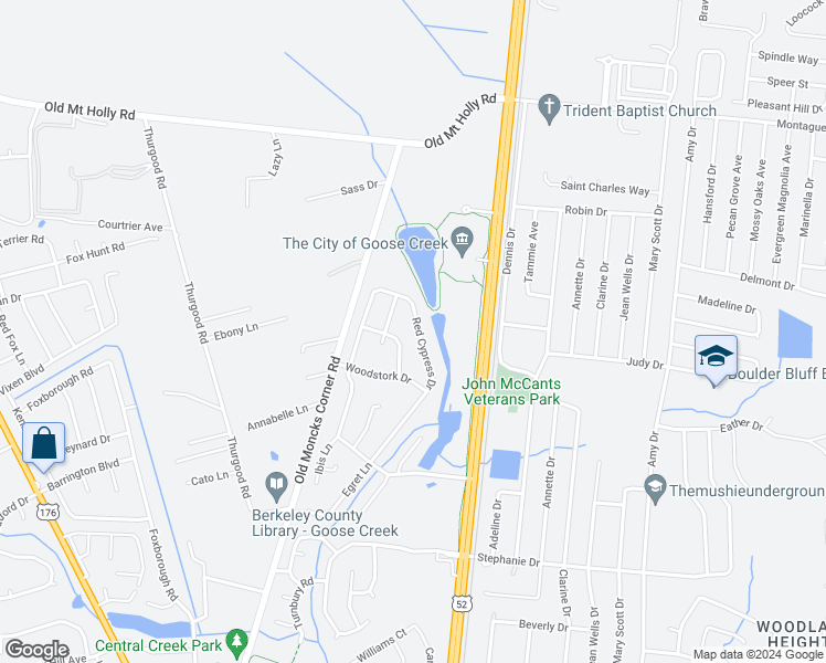map of restaurants, bars, coffee shops, grocery stores, and more near 143 Red Cypress Drive in Goose Creek