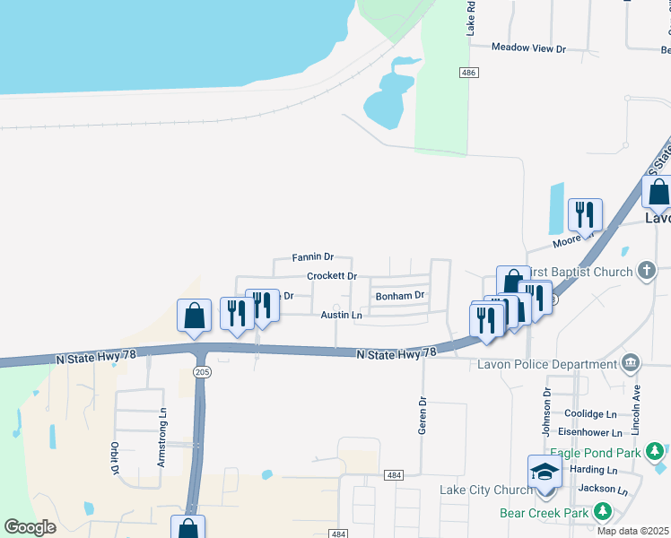 map of restaurants, bars, coffee shops, grocery stores, and more near 731 Crockett Drive in Lavon