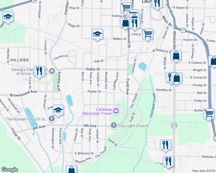 map of restaurants, bars, coffee shops, grocery stores, and more near 904 Murphy Avenue in LaGrange