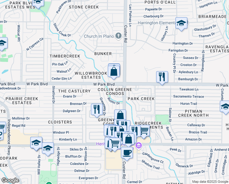 map of restaurants, bars, coffee shops, grocery stores, and more near in Plano