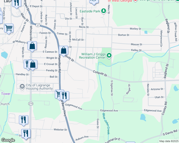 map of restaurants, bars, coffee shops, grocery stores, and more near 510 Colquitt Street in LaGrange