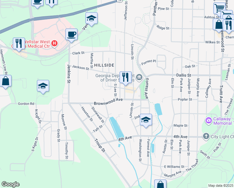 map of restaurants, bars, coffee shops, grocery stores, and more near 707 South Lee Street in LaGrange
