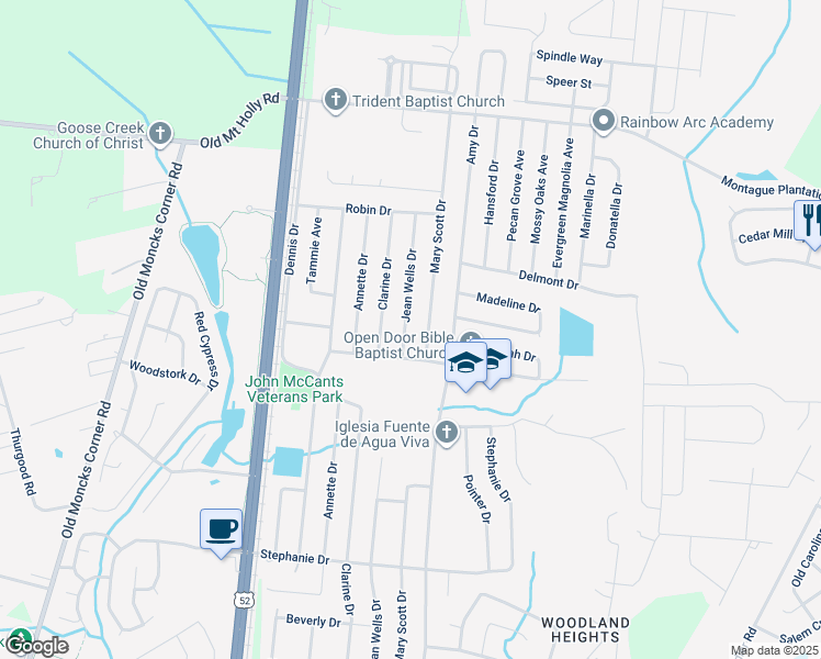 map of restaurants, bars, coffee shops, grocery stores, and more near 408 Jean Wells Drive in Goose Creek