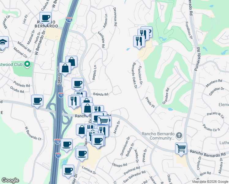 map of restaurants, bars, coffee shops, grocery stores, and more near 12032 Caminito Cadena in San Diego