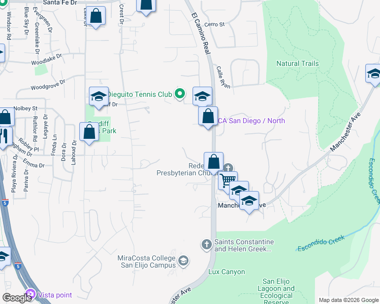 map of restaurants, bars, coffee shops, grocery stores, and more near 1750 El Camino Real in Encinitas