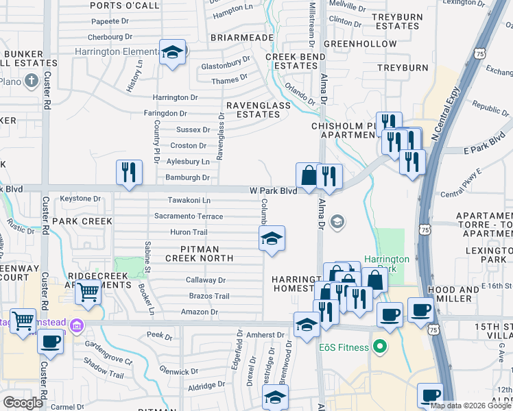 map of restaurants, bars, coffee shops, grocery stores, and more near 1400 Tawakoni Lane in Plano