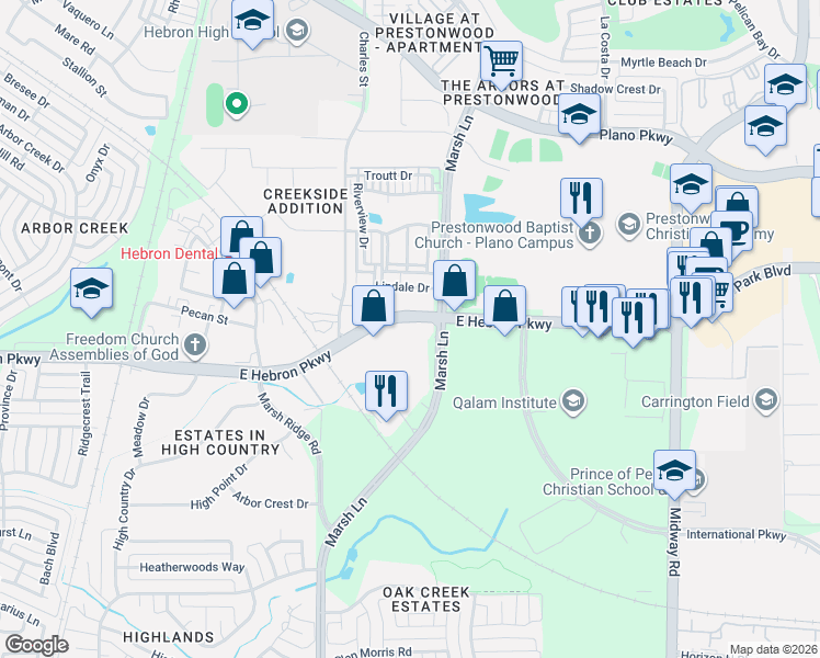 map of restaurants, bars, coffee shops, grocery stores, and more near 3040 East Hebron Parkway in Carrollton