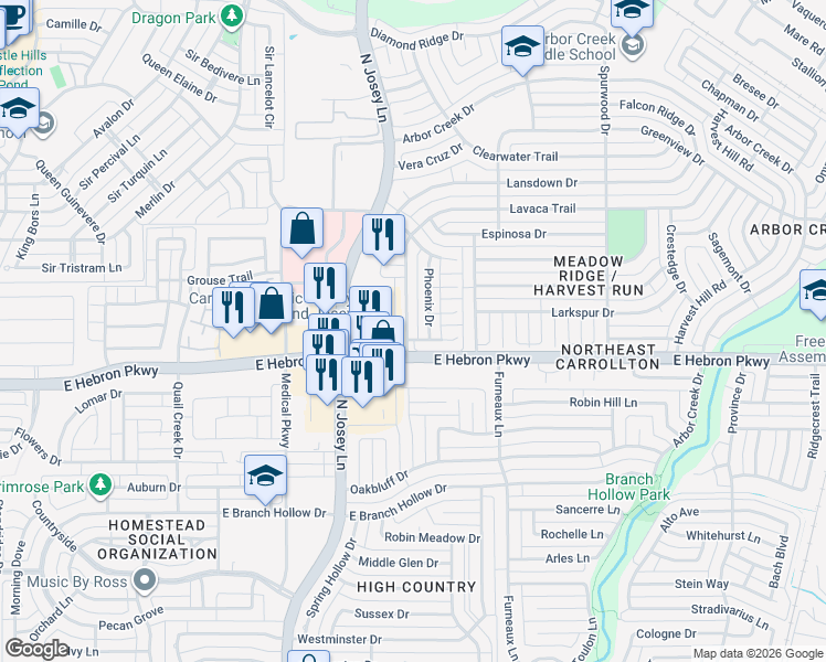 map of restaurants, bars, coffee shops, grocery stores, and more near 4206 Lavaca Trail in Carrollton