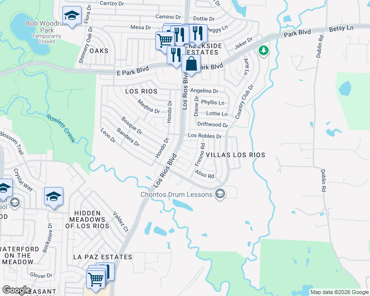 map of restaurants, bars, coffee shops, grocery stores, and more near 4205 San Saba Court in Plano