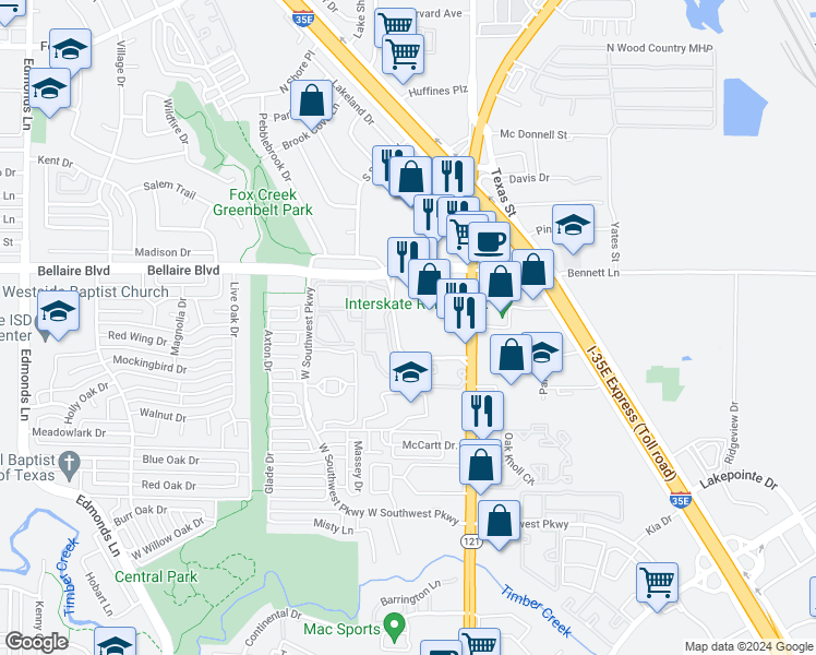 map of restaurants, bars, coffee shops, grocery stores, and more near 160 Oakwood Lane in Lewisville
