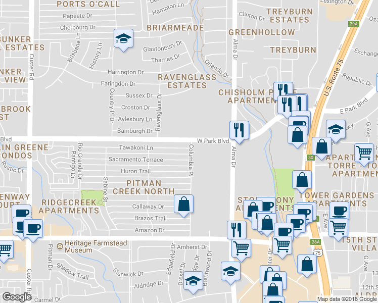 map of restaurants, bars, coffee shops, grocery stores, and more near 1400 Tawakoni Lane in Plano