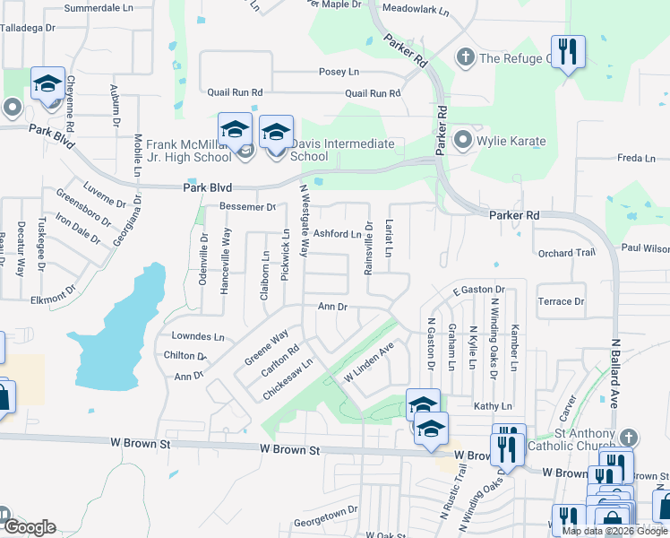 map of restaurants, bars, coffee shops, grocery stores, and more near 704 Alabaster Way in Wylie