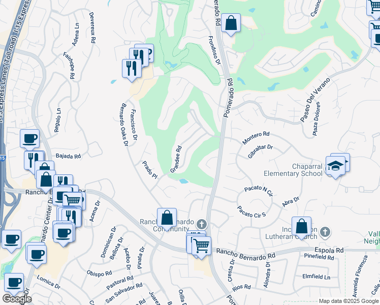 map of restaurants, bars, coffee shops, grocery stores, and more near 12405 Conquistador Way in San Diego