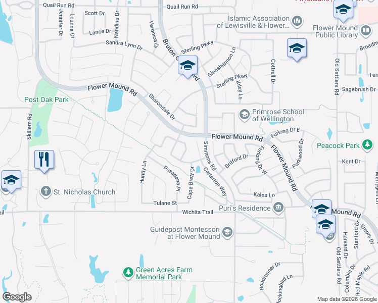 map of restaurants, bars, coffee shops, grocery stores, and more near 2905 Carterton Court in Flower Mound