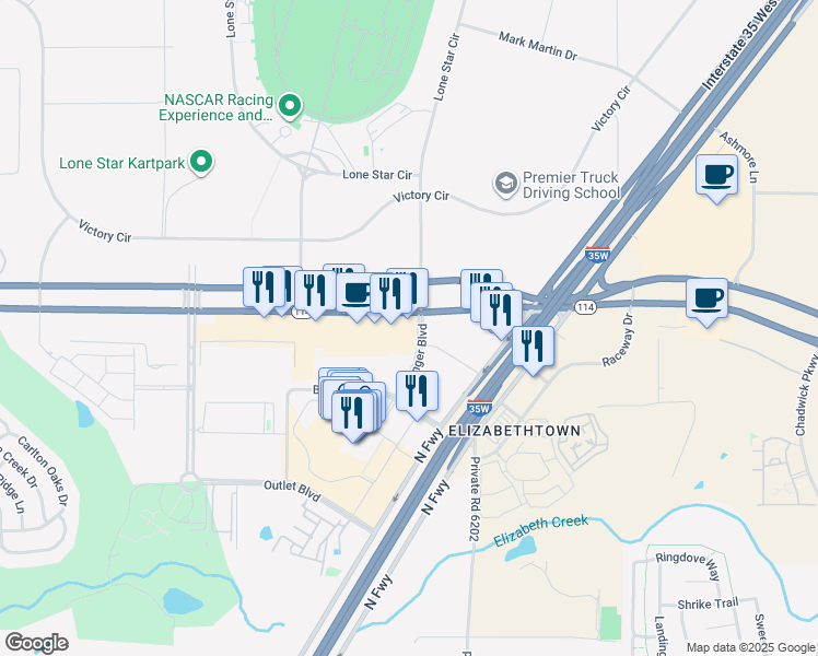 map of restaurants, bars, coffee shops, grocery stores, and more near 3588 Texas 114 in Fort Worth