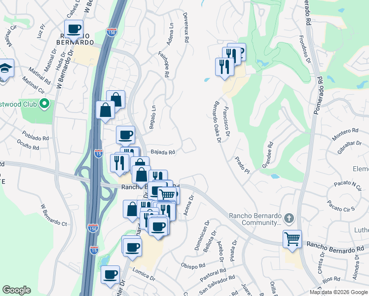 map of restaurants, bars, coffee shops, grocery stores, and more near 12032 Caminito Cadena in San Diego