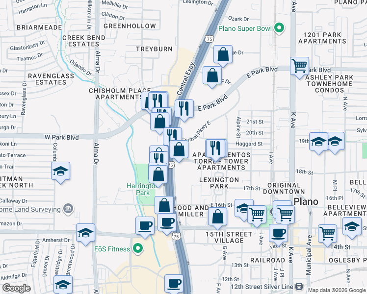 map of restaurants, bars, coffee shops, grocery stores, and more near 1820 North Central Expressway in Plano
