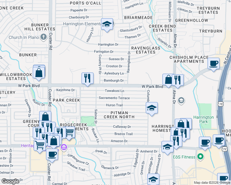 map of restaurants, bars, coffee shops, grocery stores, and more near 1612 Tawakoni Lane in Plano