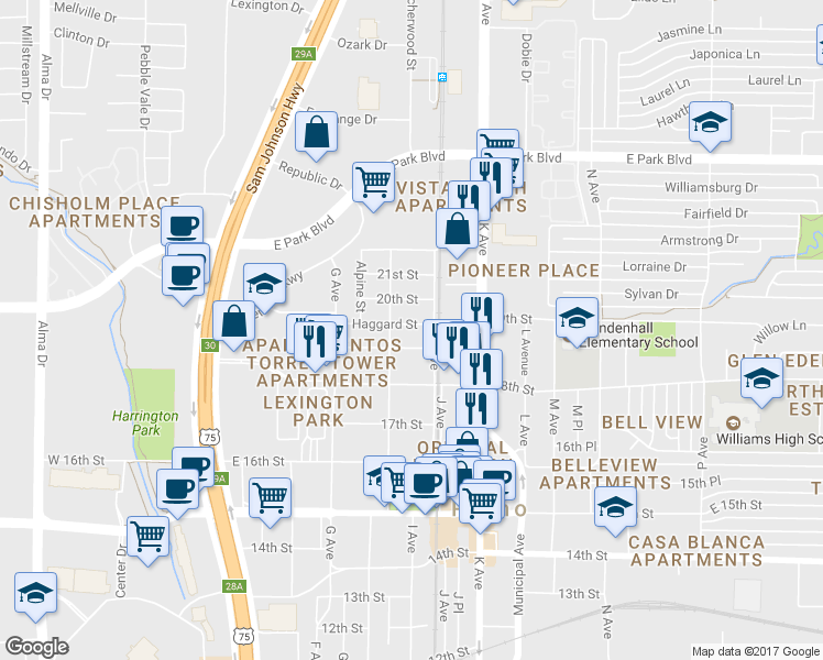 map of restaurants, bars, coffee shops, grocery stores, and more near 906 Haggard Street in Plano