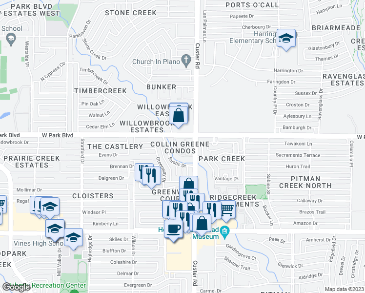 map of restaurants, bars, coffee shops, grocery stores, and more near in Plano