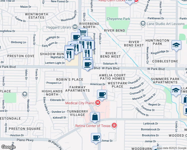 map of restaurants, bars, coffee shops, grocery stores, and more near 3925 American Drive in Plano
