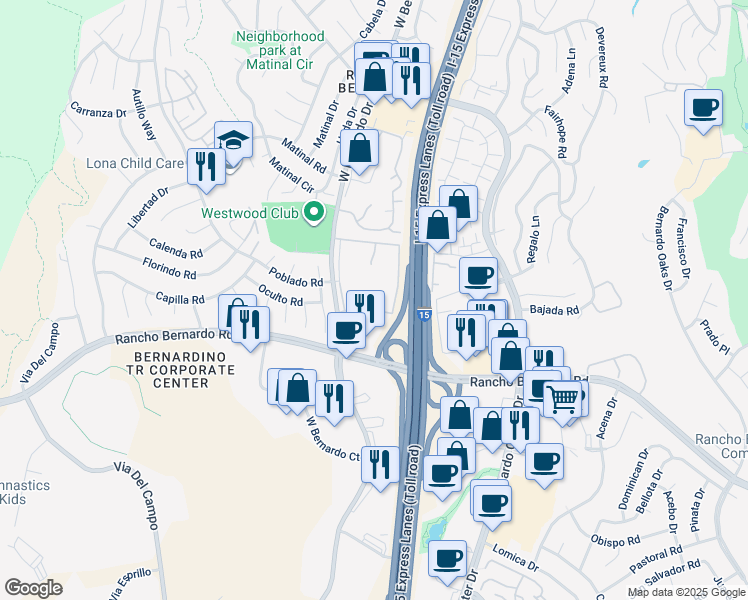 map of restaurants, bars, coffee shops, grocery stores, and more near 17119 West Bernardo Drive in San Diego
