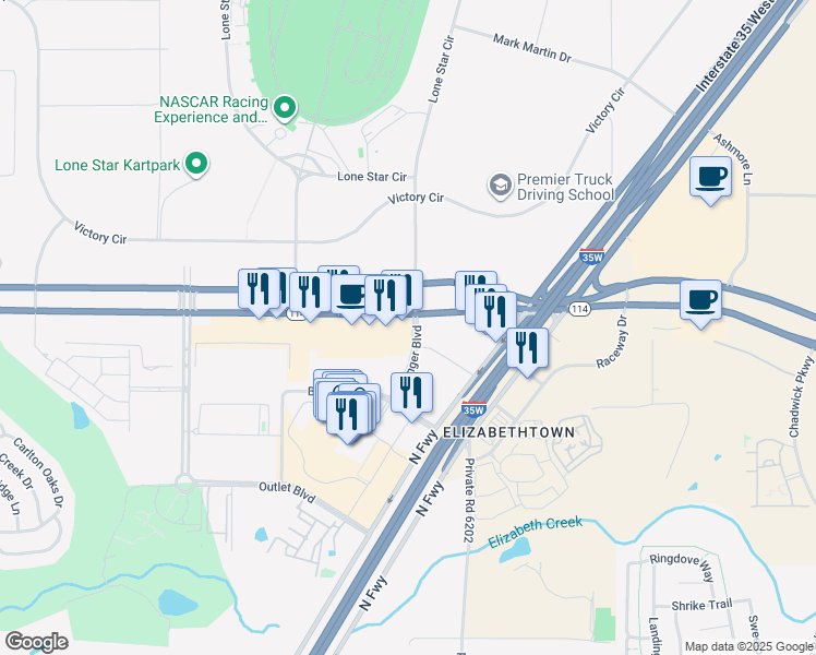 map of restaurants, bars, coffee shops, grocery stores, and more near 3650 Outlet Boulevard in Fort Worth