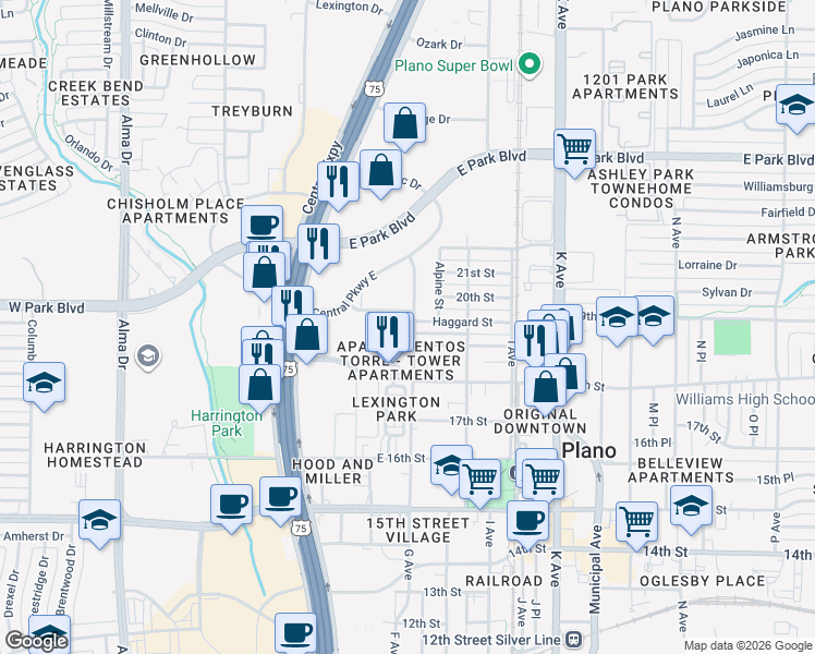 map of restaurants, bars, coffee shops, grocery stores, and more near 709 G Avenue in Plano