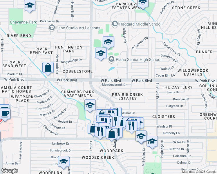 map of restaurants, bars, coffee shops, grocery stores, and more near 2917 Knollwood Drive in Plano