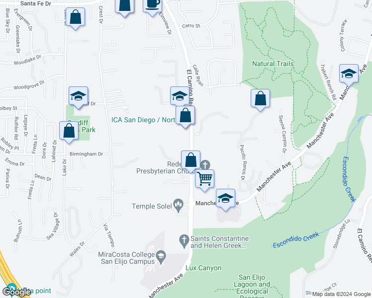 map of restaurants, bars, coffee shops, grocery stores, and more near 1720 South El Camino Real in Encinitas