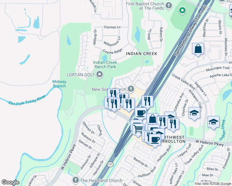 map of restaurants, bars, coffee shops, grocery stores, and more near 4204 Wilson Lane in Carrollton