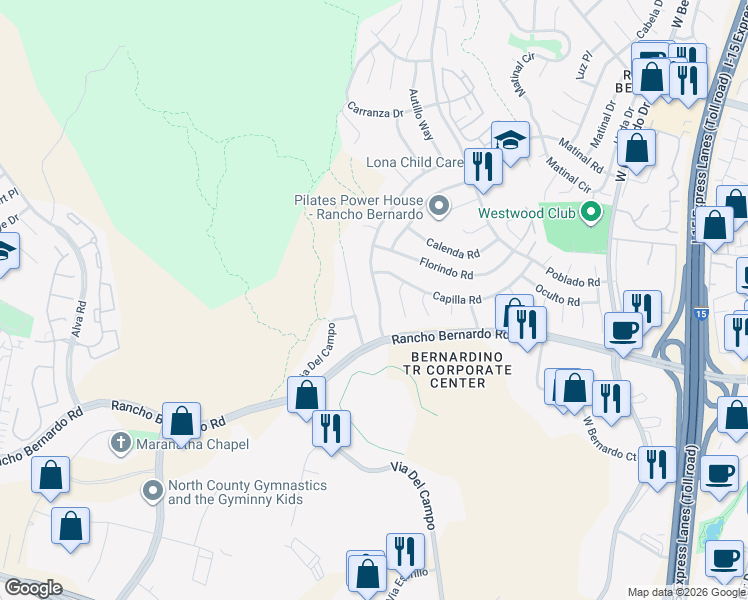 map of restaurants, bars, coffee shops, grocery stores, and more near 17054 Matinal Road in San Diego