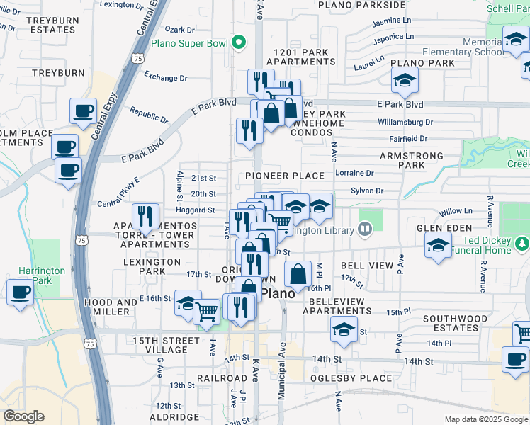 map of restaurants, bars, coffee shops, grocery stores, and more near 1832-1864 K Avenue in Plano