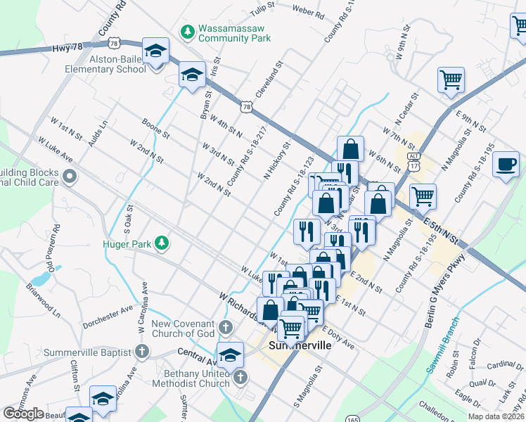 map of restaurants, bars, coffee shops, grocery stores, and more near 407 West 2nd North Street in Summerville
