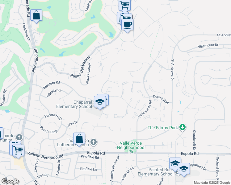 map of restaurants, bars, coffee shops, grocery stores, and more near 13012 Solera Way in Poway