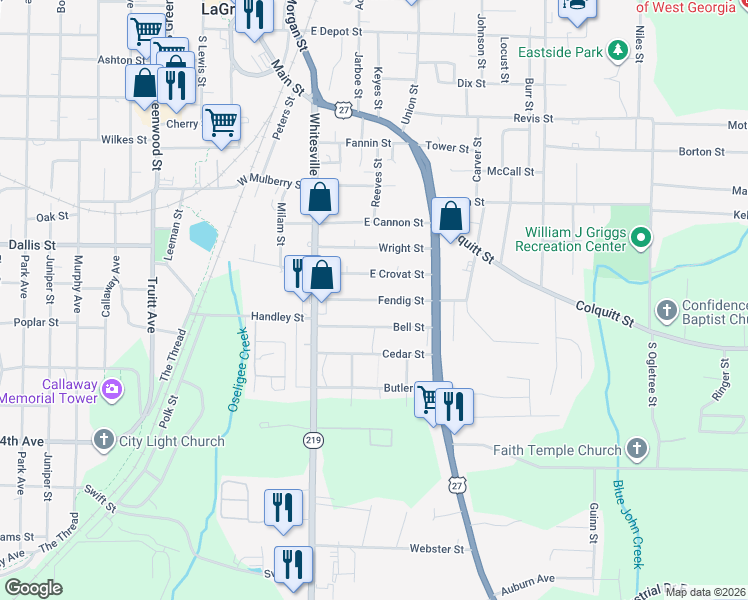 map of restaurants, bars, coffee shops, grocery stores, and more near 196 Fendig Street in LaGrange