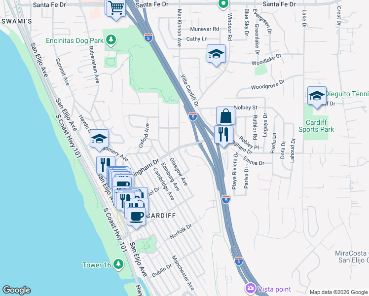 map of restaurants, bars, coffee shops, grocery stores, and more near 2170 Carol View Drive in Cardiff by the Sea