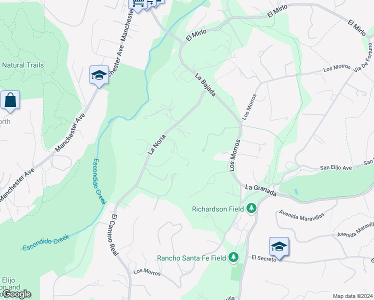 map of restaurants, bars, coffee shops, grocery stores, and more near 4615 La Noria in Rancho Santa Fe