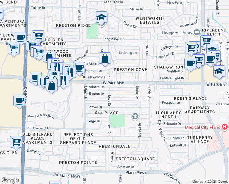 map of restaurants, bars, coffee shops, grocery stores, and more near 4460 Boston Drive in Plano