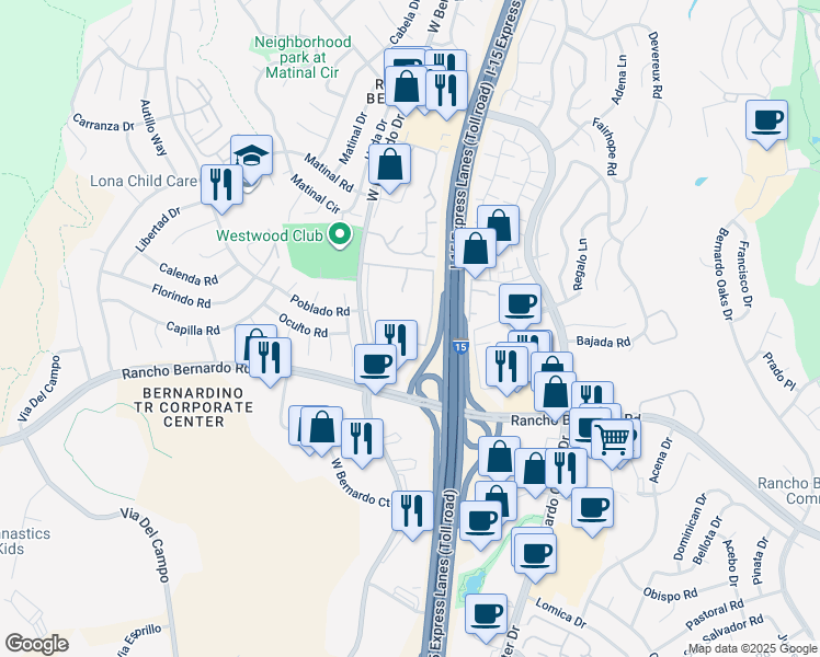 map of restaurants, bars, coffee shops, grocery stores, and more near 17093 West Bernardo Drive in San Diego