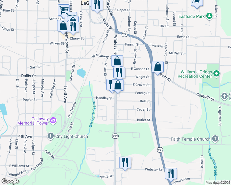 map of restaurants, bars, coffee shops, grocery stores, and more near 801 Georgia 219 in LaGrange