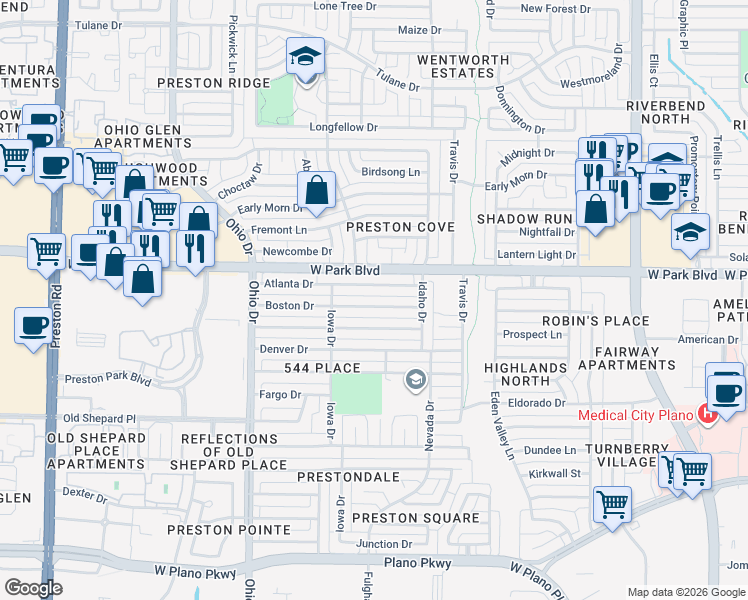 map of restaurants, bars, coffee shops, grocery stores, and more near 4436 Boston Drive in Plano